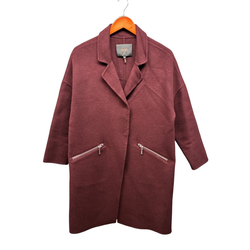 Maje Cocoon Snap Button Overcoat Womens S Burgundy Wool Minimalist Classic